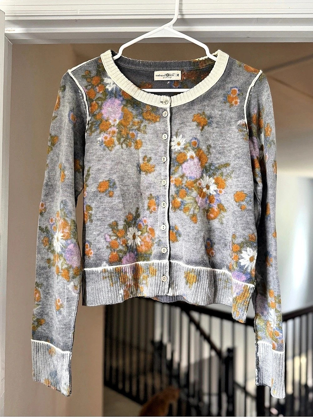 Natural Life Floral Wool Blend Button Front Cardigan Gray Medium